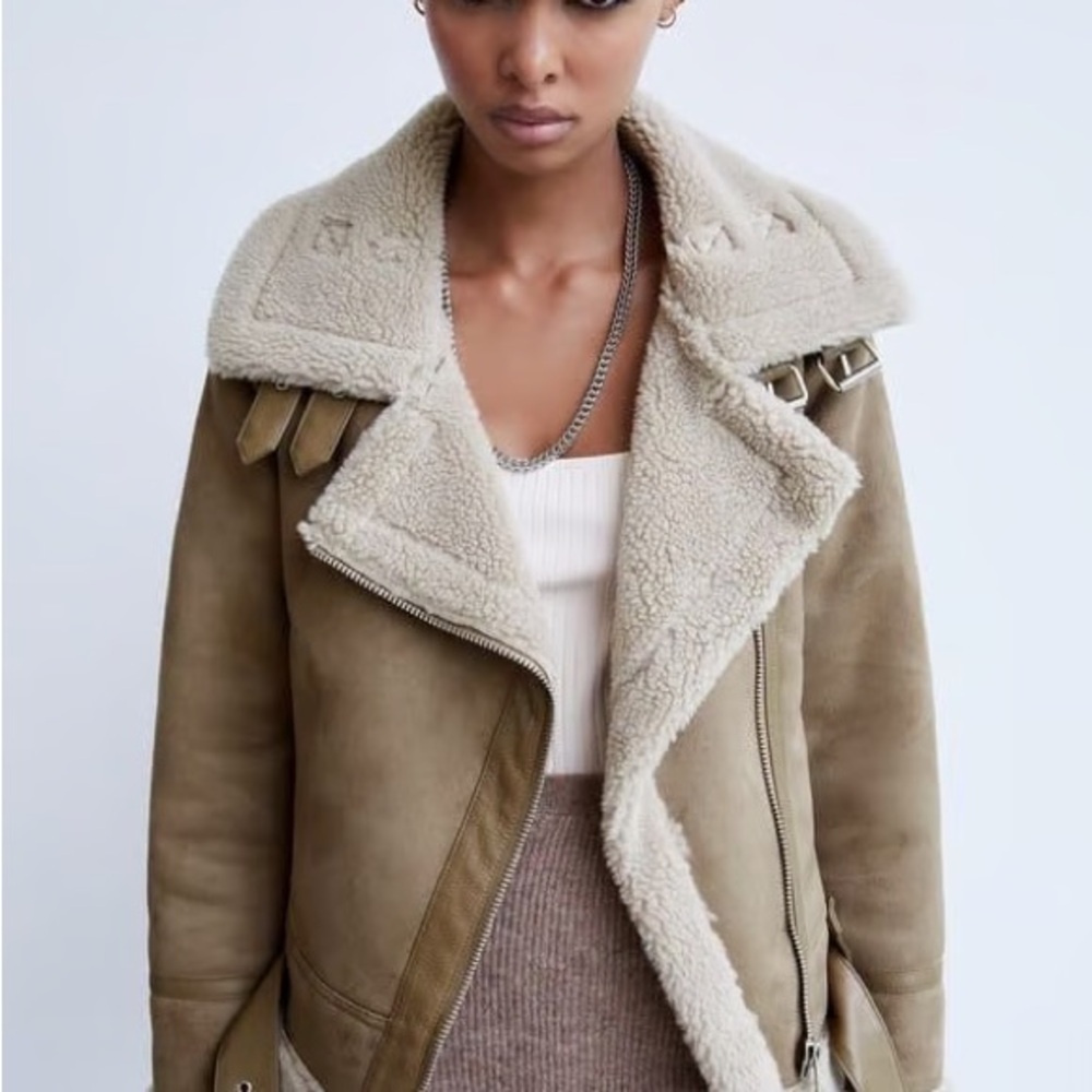 Zara Beige Shearling Sherpa Lined Faux Suede Jacket - Picture 2 of 10